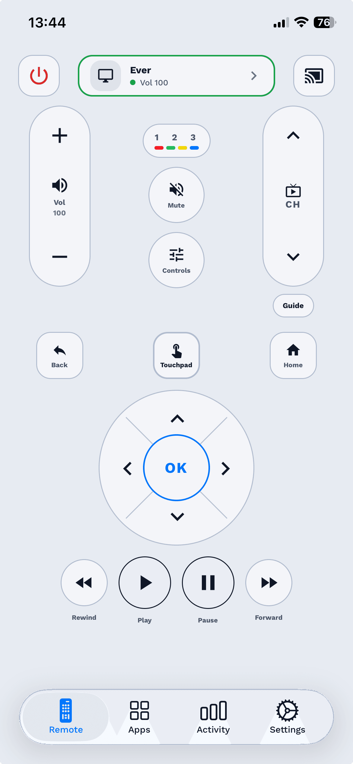 Remota app showing Smart TV remote control interface